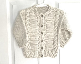 Toddler Aran cardigan, 12 to 24 months, Aran baby sweater, Baby hand knit, Toddler knitted sweater