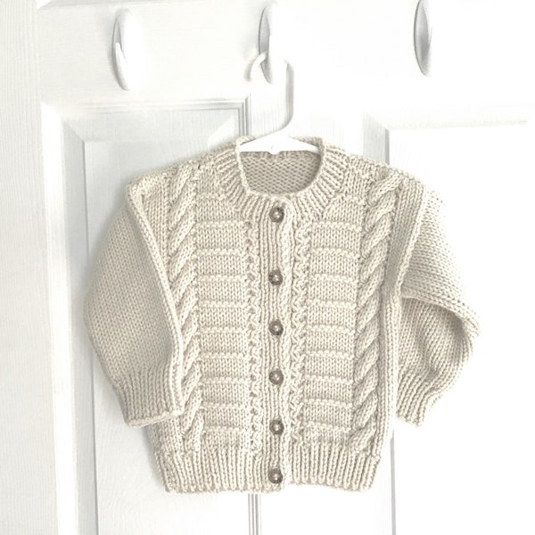 Toddler Aran cardigan, 12 to 24 months, Aran baby sweater, Baby hand knit, Toddler knitted sweater