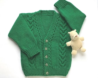 Irish knit kids cardigan - 2 to 3 years - Childs hand knit kelly green sweater - Childrens Irish knit sweater - St. Patrick’s Day jacket