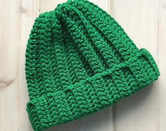 Unisex green hat, 5 to 12 years, Childs St. Patrick’s Day beanie with turn up brim, Gift for young girl, Gift for young boy