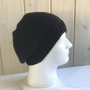 Mens slouchy wool mix black hat, Mens hand knit slouchy black beanie, Gift for him, Gift for Men