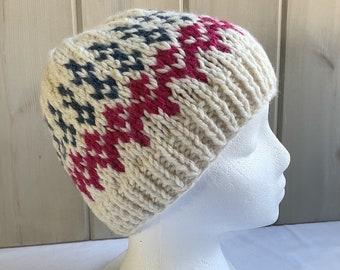 Cream Fair Isle knitted beanie, Womens hand knit wool mix hat, Colorful winter, hat, Gift for her, Gift for teen girl