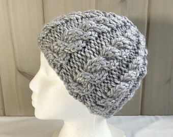 Hand Knit Gray Cable Knit Beanie, Chunky Wool Mix
