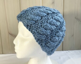 Hand Knit Blue Cable Knit Beanie, Chunky Wool Blend