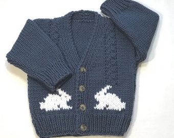 Toddler bunny sweater, 12 to 24 months, Handknit navy blue cardigan, Gift for baby, Bunny motifs