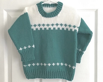 Childs Fair Isle sweater, 2 to 3 years, Unisex toddler hand knit pullover, Childs teal white sweater