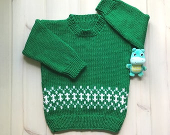 Childs Fair Isle green sweater, 2 - 3 years, Unisex kids hand knit Irish sweater, Toddler girl green pullover - Toddler boy green sweater