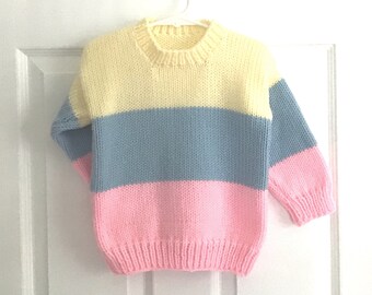 Hand Knit Pastel Striped Sweater, Girls Size 4