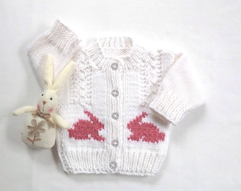 Baby girl white sweater with bunnies - 0 to 6 months girl - Baby shower gift - Baby handknit clothing - Infant bunny sweater