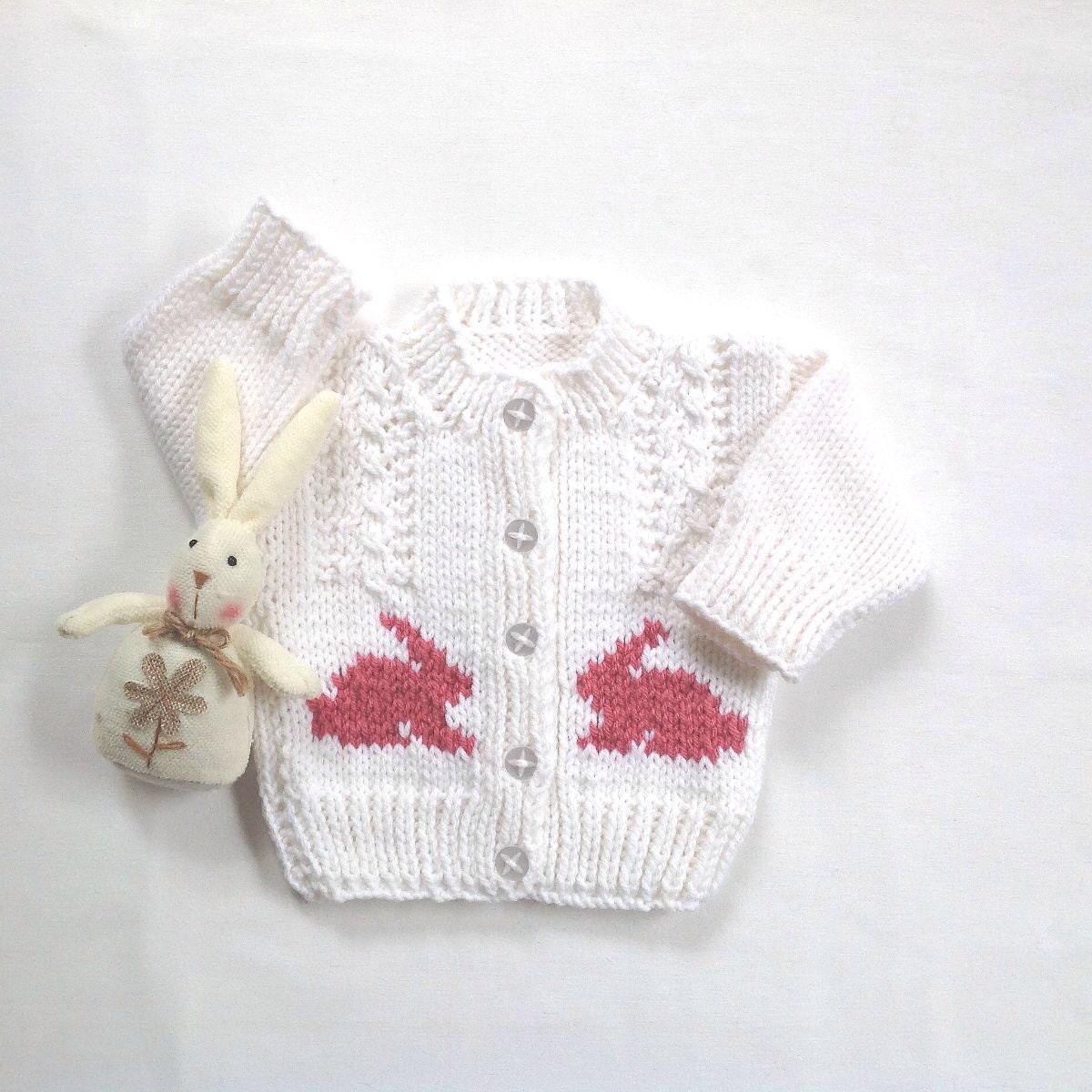 Baby girl white sweater with bunnies - 0 to 6 months girl - Baby shower gift - Baby handknit clothing - Infant bunny sweater