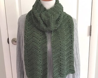 Long green scarf, Unisex traditional scarf, Crocheted moss green scarf, Gift for women, Gift for girlfriend