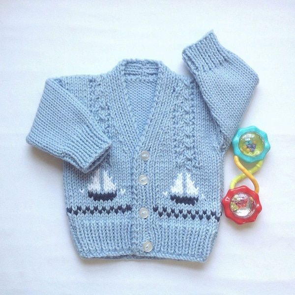 Baby boy cardigan - 0 to 6 months boy - Baby sweater with sailboats - New baby gift - Infant knits - Baby shower gift