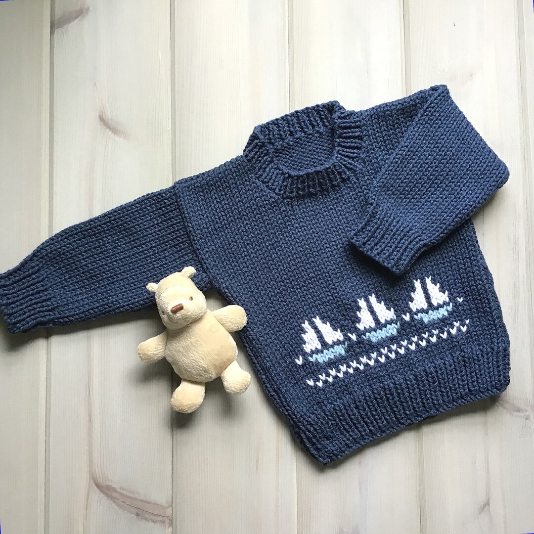 Baby Boy Sweater With Sailboats 6 to 12 Months Boy Baby Hand Knit Navy