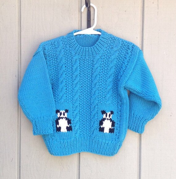Girls Knit Panda Sweater - 2 to 3 Years - Childs Handknit Sweater with Panda Motifs - Turquoise Panda Sweater