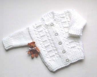 Newborn handknit white sweater, Baptism cardigan, White baby sweater, Hand knit baby clothes, Baby  shower gift, Christening sweater