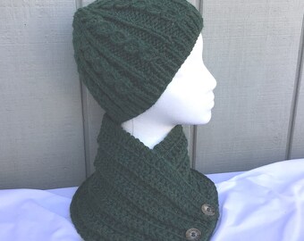 Dark green wool mix beanie and button cowl set, Hand made hat and neck warmer set, Gift for women, Gift for her