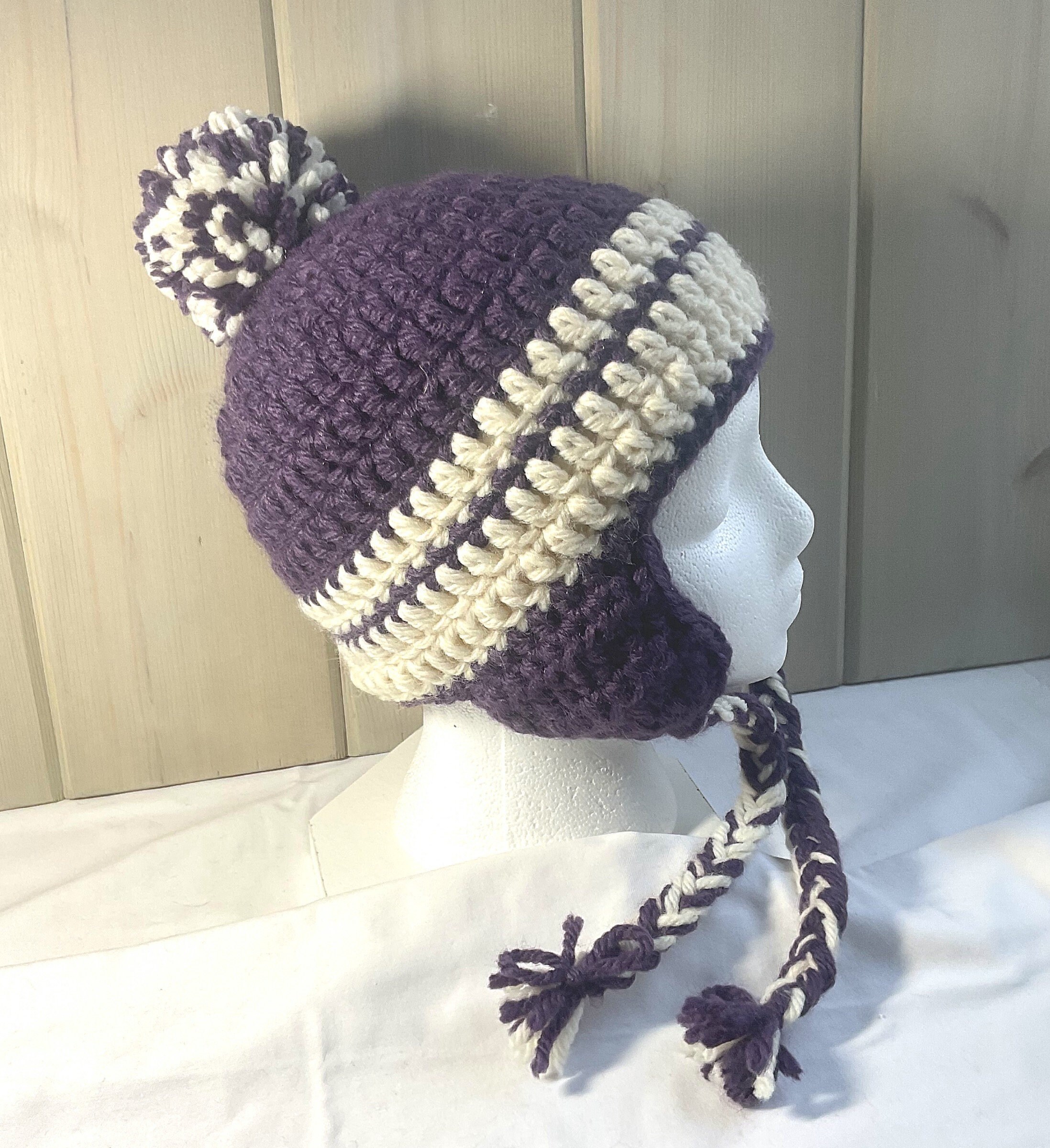 Crochet Pompom Ear Flap Beanie, Purple Trapper Hat - Etsy display picture 2