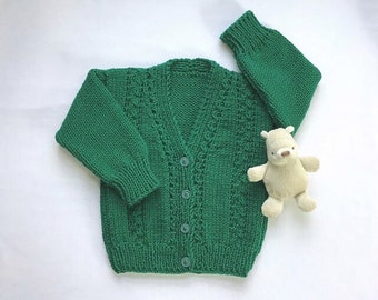 Irish knit baby cardigan, 6 to 12 months, Handknit green sweater, Gift for baby