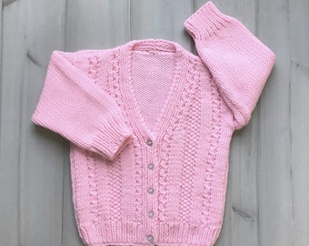 Girls knit pink cardigan - 2 to 3 years - Girls pink sweater - Toddler girl hand knit pink sweater