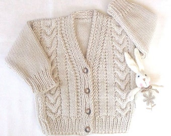 Childs Aran cardigan, 2 to 3 years, kids hand knit Aran sweater, Gift for child
