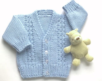 Blue knit cardigan, 6 to 12 months, Handknit baby sweater, Baby boy sweater, Gift for baby shower, Gift for new baby