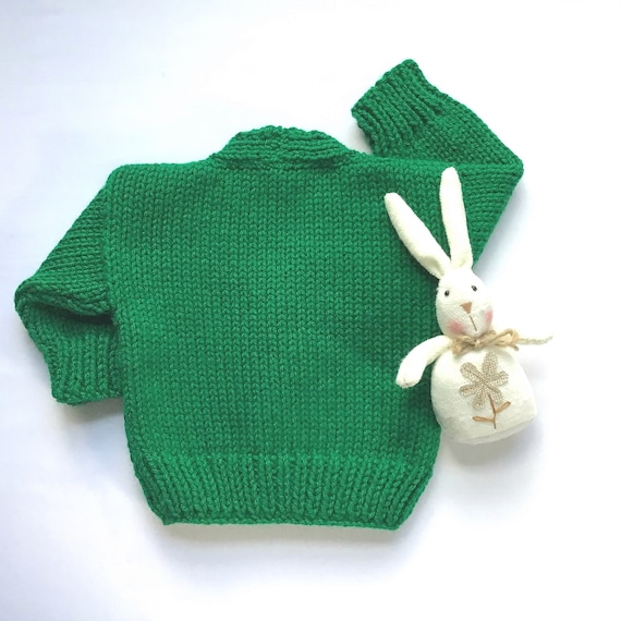 Green Baby Sweater With Bunnies, to Months, Baby Boy Hand Knit