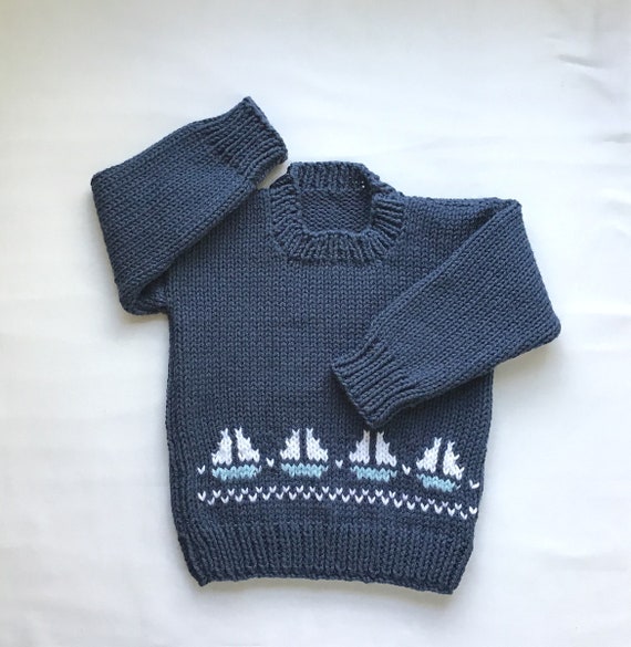 Child’s Sailboat sweater, years, Boys knit navy blue pullover, Sailboat  motifs, Kids sailboat sweater