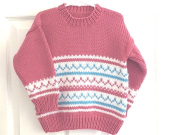 Girls Fair Isle pink sweater - 4 years girl - Childs knit pullover - Kids Knitwear - Knitted gift for girl