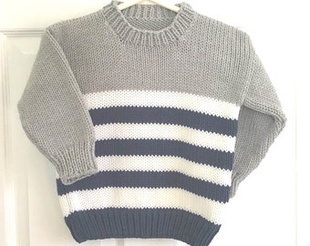 Childs gray navy sweater - 2 to 3 years - Kids knitwear - Childrens striped sweater - Girls hand knits - Boys handknit sweater