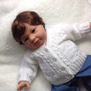 White knit baby sweater, Newborn size, Baby baptism jacket, Hand knit baby clothes, Baby shower gift