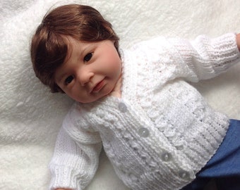 White knit baby sweater, Newborn size, Baby baptism jacket, Hand knit baby clothes, Baby shower gift