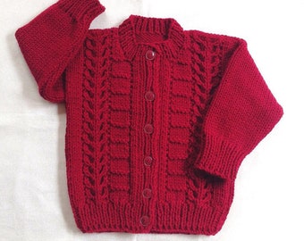 Cardigan rouge pour tout-petit - 12 à 24 mois - Pull rouge tricoté à la main pour bébé - Pull rouge pour tout-petit - Cardigan des fêtes - Tricots pour tout-petits