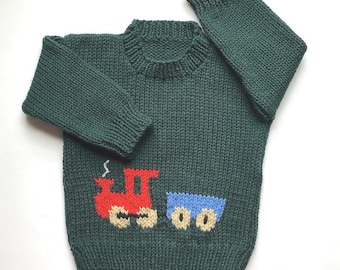 Childs green train sweater, 4 years, Handknit train motif pullover, Unisex green sweater, Gift for child