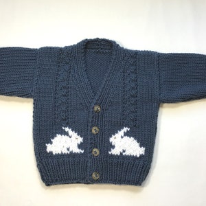 Toddler bunny sweater, 12 to 24 months, Handknit navy blue cardigan, Gift for baby, Bunny motifs image 2