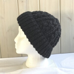 Womens black wool blend beanie, Hat with turn up brim, Chunky hand knit beanie, Gift for her
