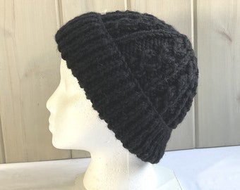 Womens black wool blend beanie, Hat with turn up brim, Chunky hand knit beanie, Gift for her