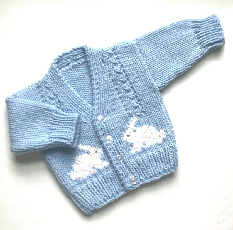 Bunny sweater, 6 to 12 months, Baby blue cardigan with bunny motifs, Gift for infant boy, Gender neutral blue sweater, Gift for baby image 3