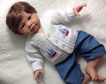 White newborn cardigan with sailboats - Hand knit baby coat - Baby sailboat sweater - Baby shower gift