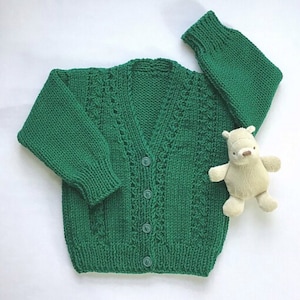 Irish knit green baby sweater, 12 to 24 months, Handknit toddler cardigan, Gift for toddler