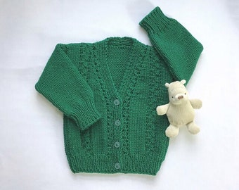 Irish knit green baby sweater, 12 to 24 months, Handknit toddler cardigan, Gift for toddler