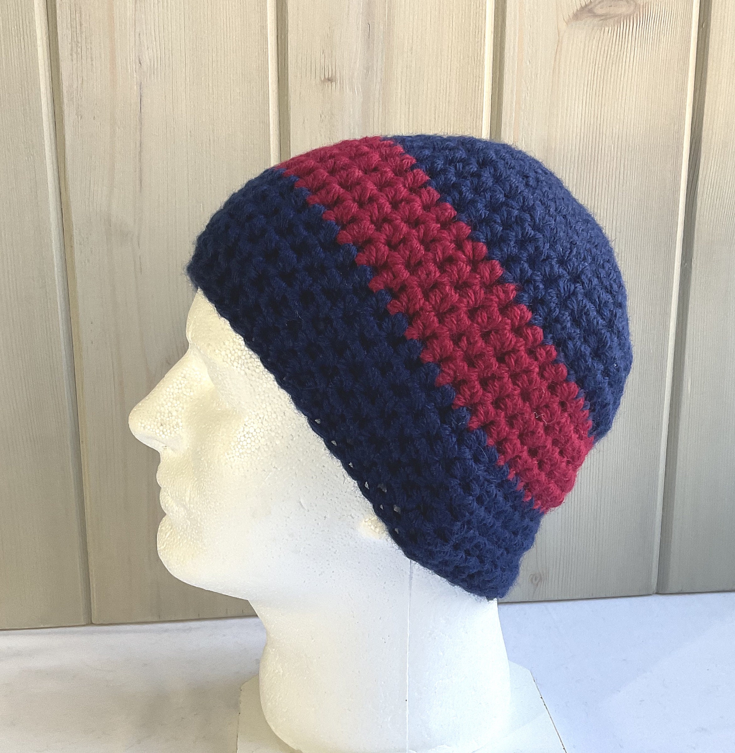 Mens Wool Mix Navy Blue Red Stripe Beanie, Gift for Men, Gift for