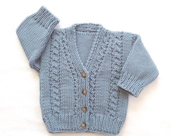 Infant knit blue cardigan - 6 to 12 months - Baby blue hand knit sweater - Knitted baby cardigan - Baby knitwear - Baby shower gift