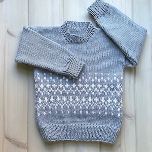 Childs blue gray sweater, 4 years, Handknit Kids Fair Isle pullover, Gift for young child