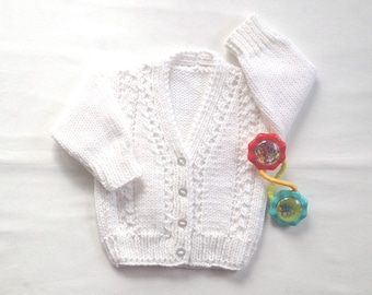 Infant white cardigan, 6 to 12 months, Hand knit baby white sweater, Baptism sweater, Gift for new baby