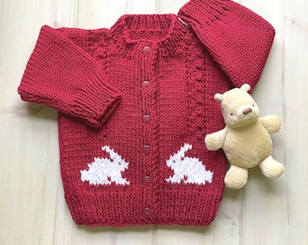 Baby red cardigan with bunnies - 6 to 12 months - Baby hand knit with white rabbits - Infant red sweater - Gift for baby - Bunny motifs