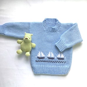 Baby boy sail boat sweater - 6 to 12 months - Infant blue hand knit sweater - Childs knitted sweater with sail boat motifs  - Baby knits