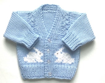 Baby blue bunny sweater, 0 to 6 months, Handknit infant cardigan with bunny motifs, Gift for new baby, Baby shower gift