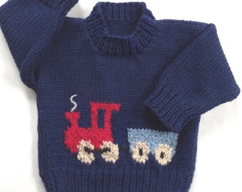 Toddler train sweater, 12 to 24 months, Kids hand knit train pullover, Gift for toddler boy