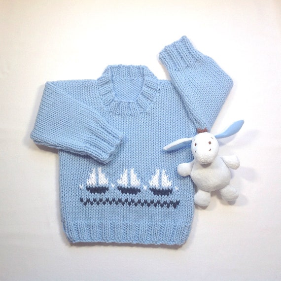 Baby Boy Sweater 6 To 12 Months Infant Blue Hand Knit Sweater Childs Knitted Sweater Sailboat Knit Childrens Knitwear Baby Knits