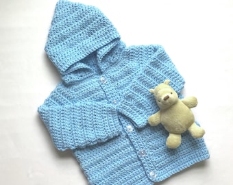 Blue hooded baby coat - 6 to 12 months - Baby blue hoodie - Baby crochet jacket with hood - Infant knit clothing